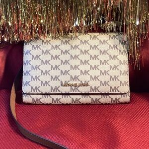 Michael Kors Brown and Cream Crossbody Bag with Gold Hardware
